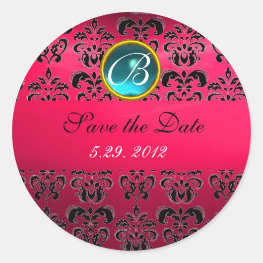PINK BLACK DAMASK MONOGRAM, red ruby, fuchsia blue Ronde Sticker (Voorkant)