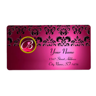 PINK BLACK DAMASK MONOGRAM, RODE RUBY ETIKET