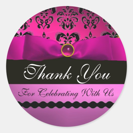 PINK BLACK DAMASK RIBBON MONOGRAM Paars Violet Ronde Sticker (Voorkant)