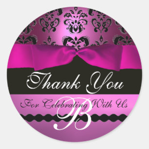 PINK BLACK DAMASK RIBBON MONOGRAM Paars Violet Ronde Sticker