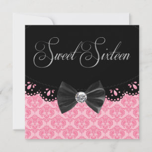 Pink Black Damask Sweet Sixteen Verjaardagsfeestje Kaart