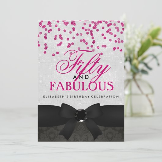 Pink & Black Fabulous 50e anniversaire Invitation  (Debout devant)