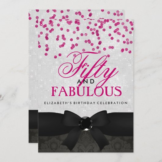 Pink & Black Fabulous 50e anniversaire Invitation  (Devant / Derrière)