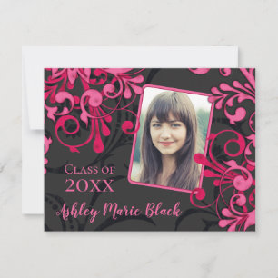 Pink Black Floral Foto Afstuderen Uitnodiging