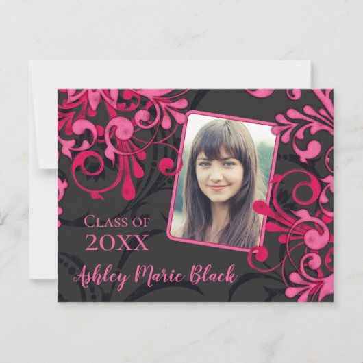 Pink Black Floral Photo Graduation Invitation (Devant)