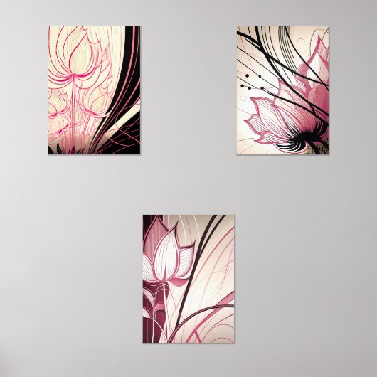Pink & Black Floral Wall Art – Set of 3 Prints (Voorkant)