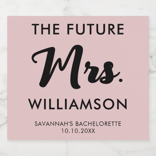 Pink Black Future Mrs. Achternaam Bachelorette Par Sparkling Wijnetiket (Enkel label)