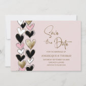 Pink Black Gold Hearts Wedding Save the Date (Devant)