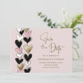 Pink Black Gold Hearts Wedding Save the Date (Debout devant)