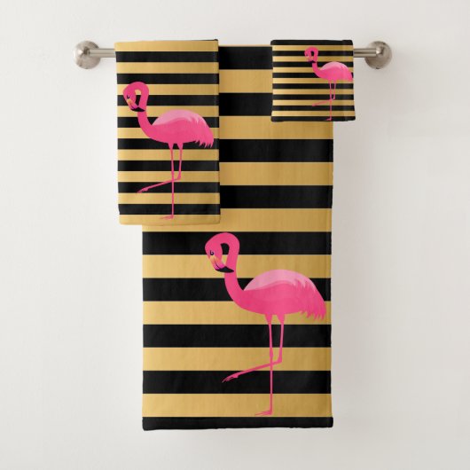 PINK BLACK GOLD STRIPE FLAMINGO BATHROOM TOWEL SET BAD HANDDOEK (Insitu)