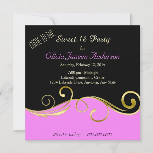 Pink Black Gold Swirl Sweet 16 Party Invitation (Devant)