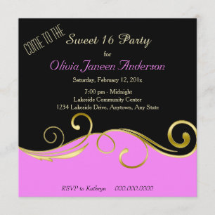 Pink Black Gold Swirl Sweet 16 Party Invitation
