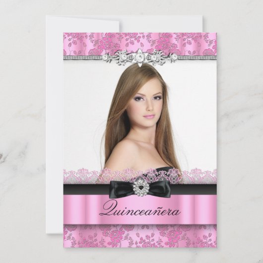 Pink & Black Lace Photo Quinceanera Invitation (Devant)