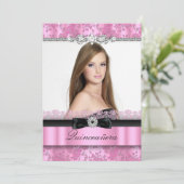 Pink & Black Lace Photo Quinceanera Invitation (Debout devant)