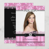 Pink & Black Lace Photo Quinceanera Invitation (Devant / Derrière)