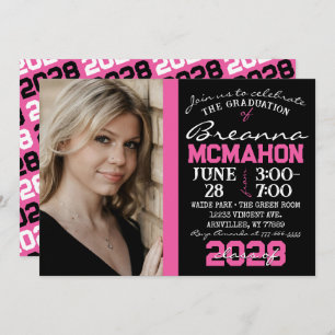 Pink & Black Modern Graduation Photo Invitation