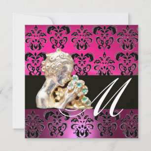 PINK, BLACK, PAARS, DAMASK JEWEL MONOGRAM fuchsia Kaart
