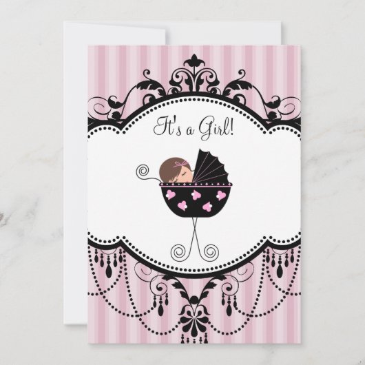 Pink Black Stripes Baby Girl Douche Invitations (Devant)