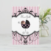 Pink Black Stripes Baby Girl Douche Invitations (Debout devant)