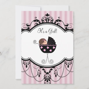 Pink Black Stripes Baby Girl Douche Invitations