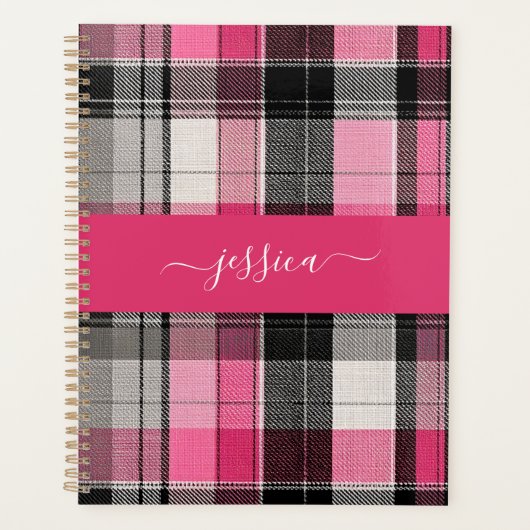 Pink black tartan plaid script name binder planner (Voorkant)