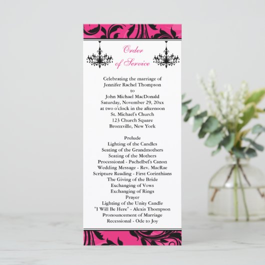 Pink Black White Chandelier Scroll Wedding Program Programma (Staand voorkant)