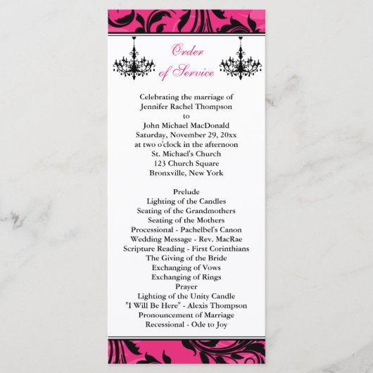Pink Black White Chandelier Scroll Wedding Program Programma (Voorkant)