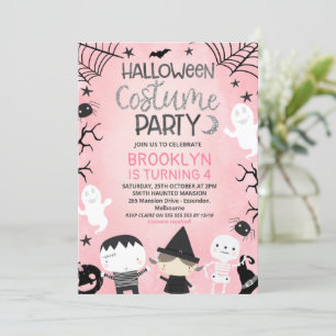 Pink Black White Girls Halloween Party Birthday Kaart