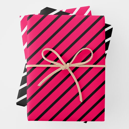Pink, Black & White Striped Inpakpapier Vel