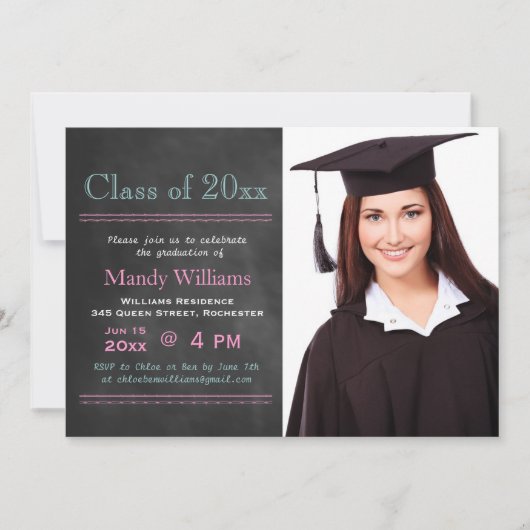 Pink Blackboard Photo Graduation Invitation (Devant)