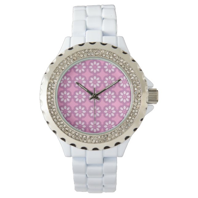 Pink Blossom Retro Tile Pattern Horloge (Voorkant)
