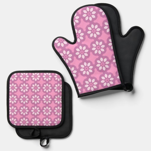 Pink Blossom Retro Tile Pattern Ovenwant & Pannenlap Set (Voorkant / Achterkant)