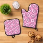 Pink Blossom Retro Tile Pattern Ovenwant & Pannenlap Set (Top down)