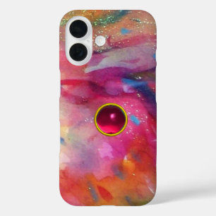 PINK BLUE ABSTRACTE WATERVERF 3D RODE RUBY GEMSTON iPhone 16 HOESJE