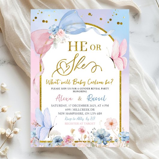 Pink Blue Arch Coquette Butterfly Gender Reveal Kaart