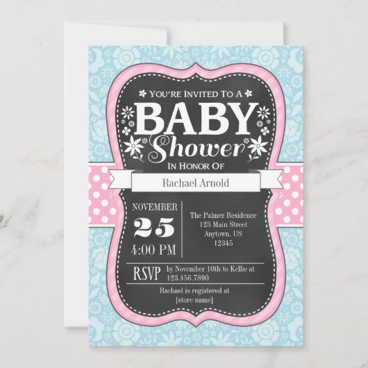 Pink Blue Chalkboard Floral Baby shower Invitation (Devant)