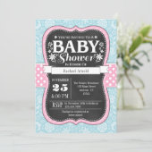 Pink Blue Chalkboard Floral Baby shower Invitation (Debout devant)