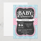 Pink Blue Chalkboard Floral Baby shower Invitation (Devant / Derrière)