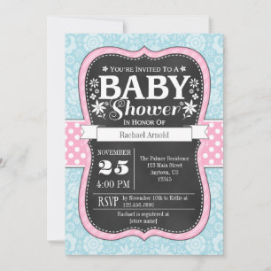 Pink Blue Chalkboard Floral Baby shower Invitation