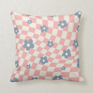 Pink Blue Checkered Floral Kussen