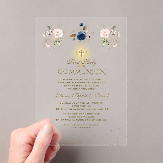 Pink Blue Floral Triplets First Holy Communion Acryl Uitnodigingen (Insitu (Draagbaar))
