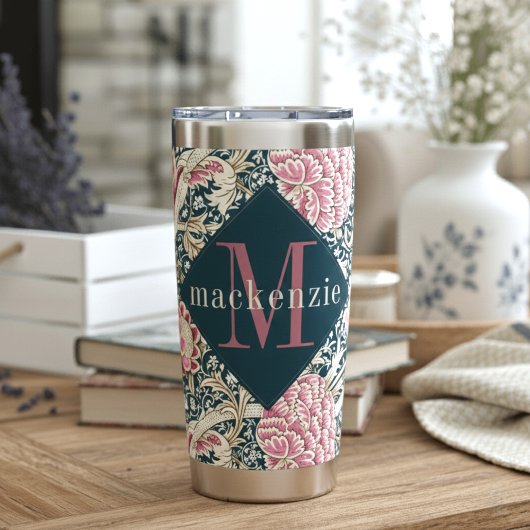 Pink Blue Floral William Morris Elegant Monogram Geïsoleerde Drinkbeker