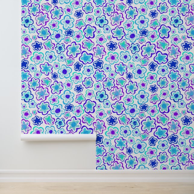 Pink Blue Flower Pattern Hand Drawing Floral Behang (Applicatie)