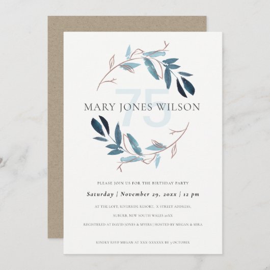 PINK BLUE FOLIAGE WREATH TOUT ÂGE 75 CARTE D'ANNIV (Devant / Derrière)