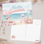 Pink Blue Gingham Hello Summer Beach Coastal Briefkaart