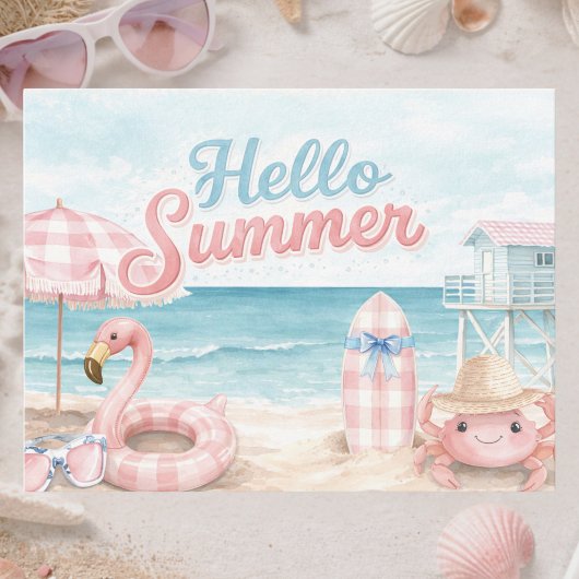 Pink Blue Gingham Hello Summer Beach Coastal Briefkaart