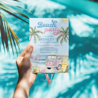 Pink Blue Girl Kid Beach Birthday Party Invitation Kaart