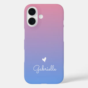 Pink Blue Gradient Heart met minimale scriptnaam iPhone 16 Hoesje