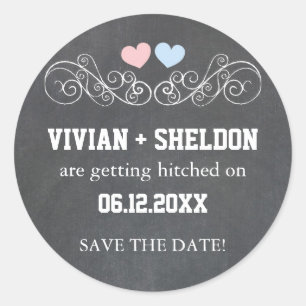 Pink Blue Hearts Chalkboard Weddenschap Ronde Sticker