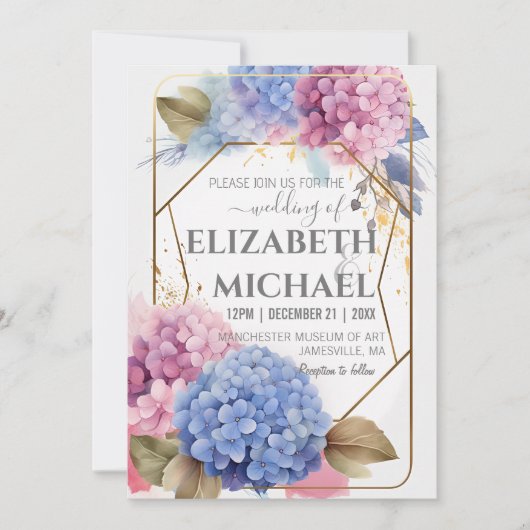 Pink Blue Hydrangea Waterverf Wedding Gold Lijst Kaart (Voorkant)